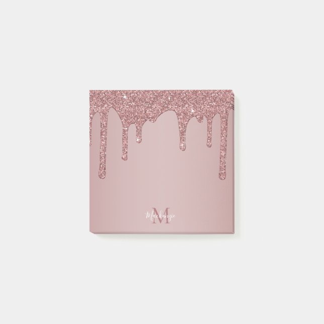 Chic Rose Gold Sparkle Glitzer Tropfen Monogram Post-it Klebezettel (Vorderseite)