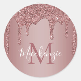 Chic Rose Gold Sparkle Glitzer Tropfen Monogram Runder Aufkleber