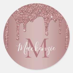 Chic Rose Gold Sparkle Glitzer Tropfen Monogram Runder Aufkleber