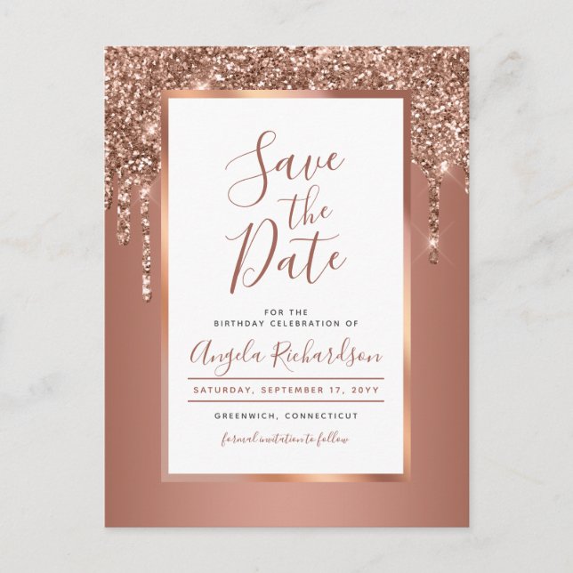 Chic Rose Gold Sparkle Glitzer Tropfen Save the Da Postkarte (Vorderseite)