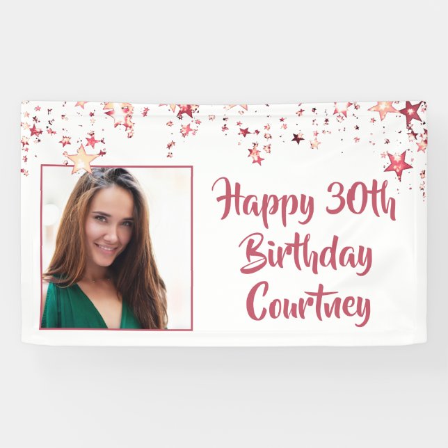 Chic Rose Gold Stars 30. Geburtstag Foto Banner (Horizontal)
