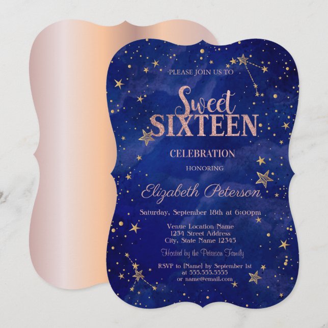 Chic Rose Gold Stars Navy Blue Sweet 16 Einladung (Vorne/Hinten)