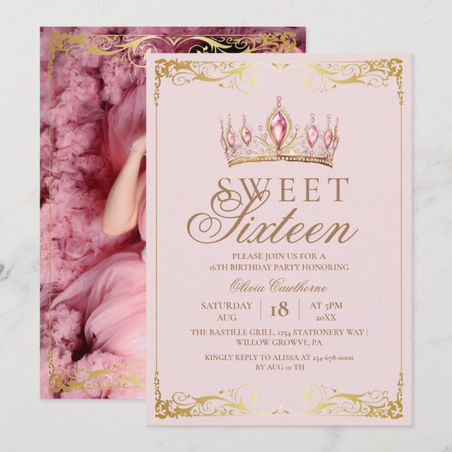 Chic Rose Gold Sweet 16 Crown Birthday Foto Einladung (Vorne/Hinten)