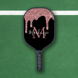 Chic Rose Gold und Black Glitzer Tropfen Monogram Pickleball Schläger