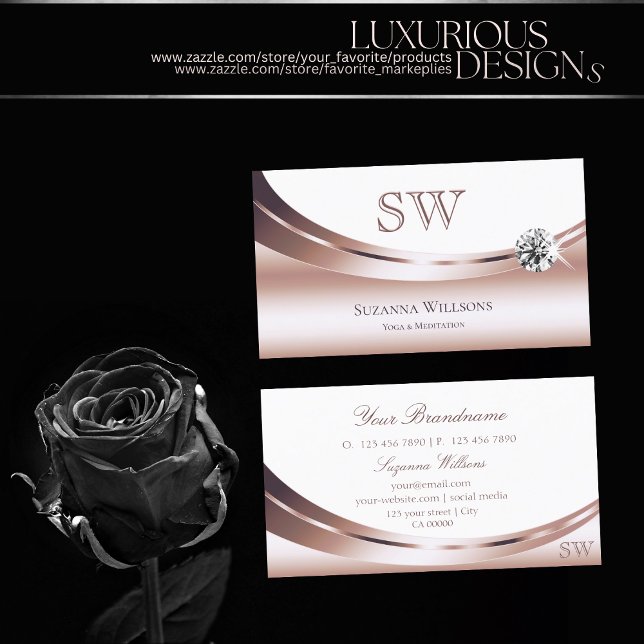 Chic Rose Gold Weiß mit Monogram Sparkle Diamond Visitenkarte (Von Creator hochgeladen)