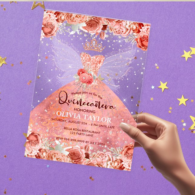 Chic Rose Goldkleid Blütenkleid Quinceanera Acryleinladungen (Von Creator hochgeladen)