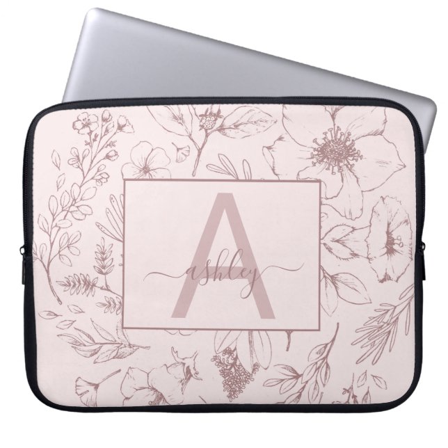 Chic Rose Pink Floral Script Name Monogram Laptopschutzhülle (Vorderseite)