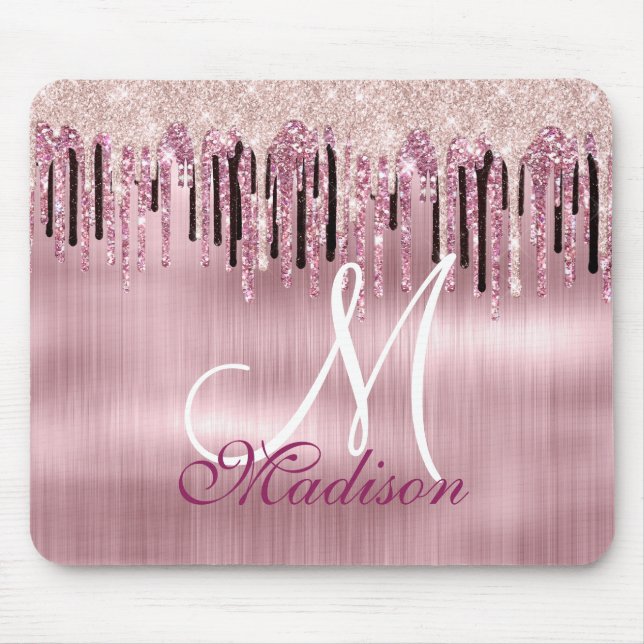 Chic Rose Rosa Tropftinte Monogramm Mousepad (Vorne)