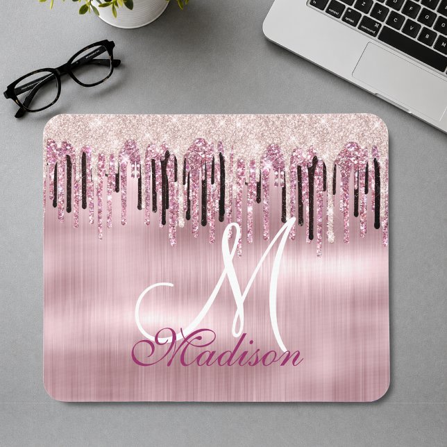 Chic Rose Rosa Tropftinte Monogramm Mousepad (Von Creator hochgeladen)