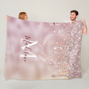 Chic Rose Rose Gold Glitzer Tropfen Monogramm Fleecedecke