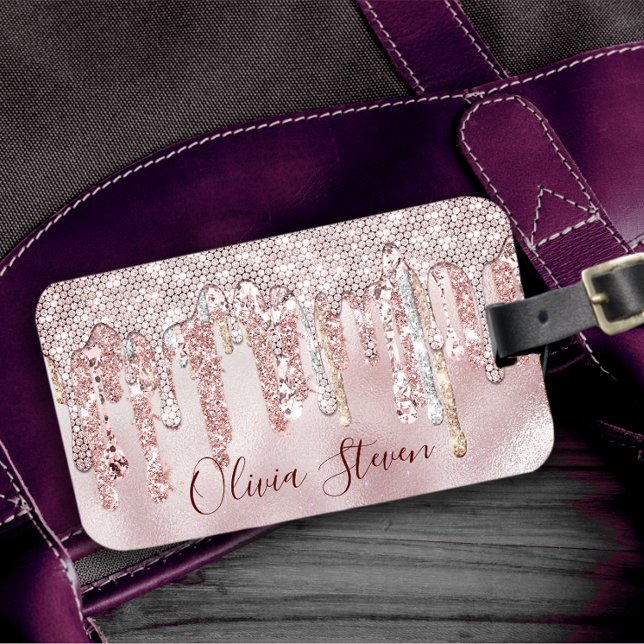 Chic Rose Rose Gold Glitzer Tropfen Monogramm Gepäckanhänger (Von Creator hochgeladen)