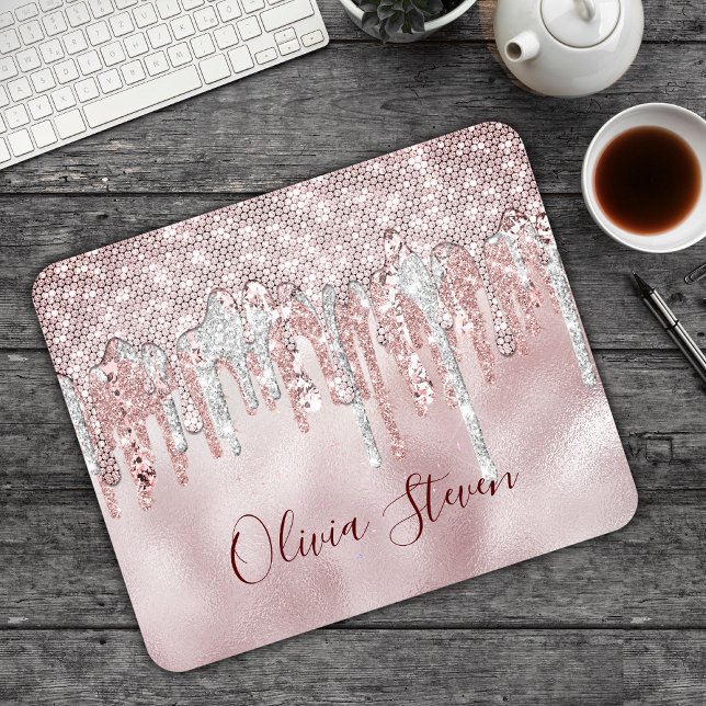Chic Rose Rose Gold Glitzer Tropfen Monogramm Mousepad (Von Creator hochgeladen)
