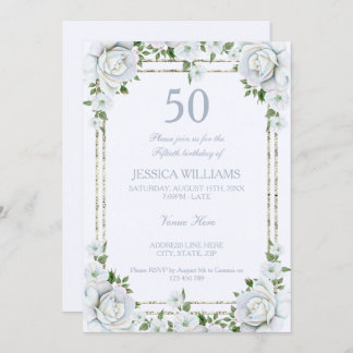 Chic Rose & Silver Border Floral 50. Geburtstag Einladung