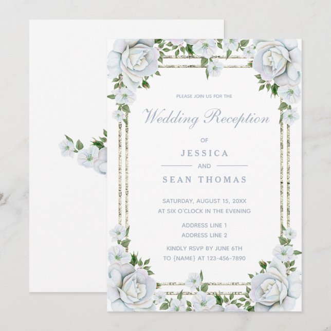Chic Rose & Silver Border Floral Empfang Einladung (Vorne/Hinten)