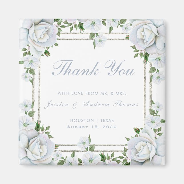 Chic Rose & Silver Border Floral Gastgeschenk Hoch Magnet (Vorne)