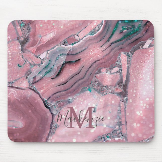 Chic Roségold-Achatgeode Funkel Monogramm Mousepad (Vorne)