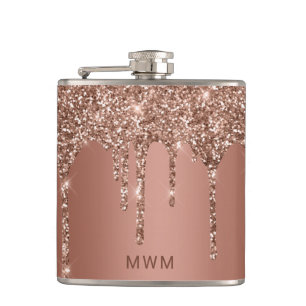 Chic Roségold Glitter Sparkle Tropfen Monogramm 18 Flachmann