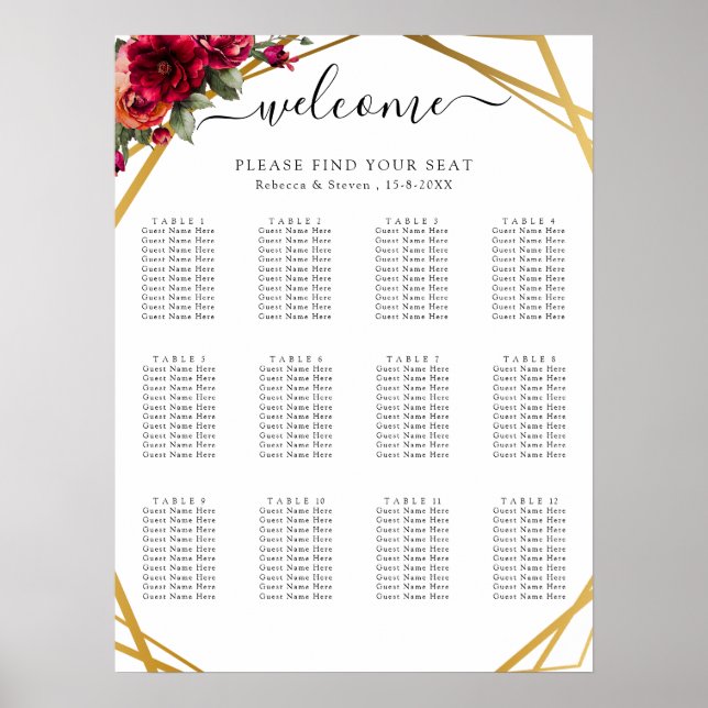 Chic Rot Blumen Imitate Gold Hochzeitskarte Poster (Vorne)