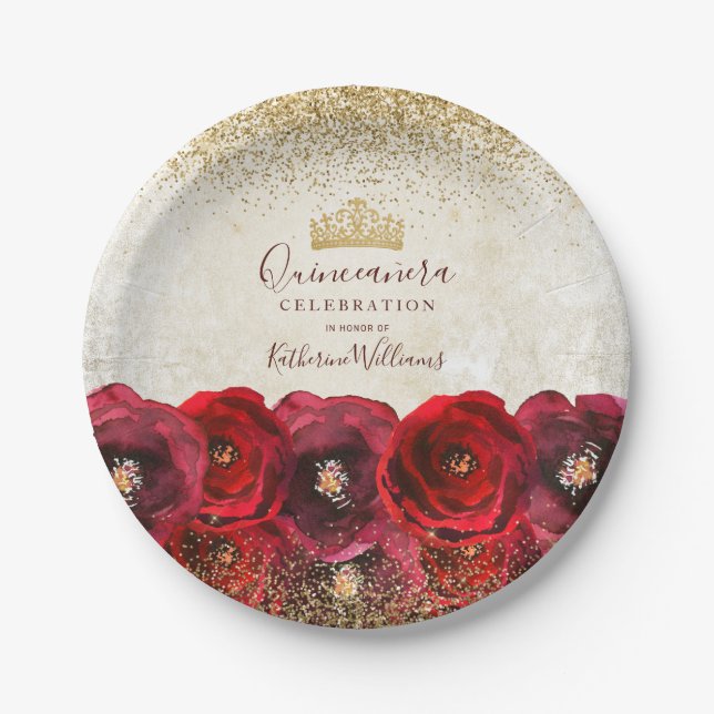 Chic Rote Rose Floral Gold Crown Quinceañera Pappteller (Vorderseite)