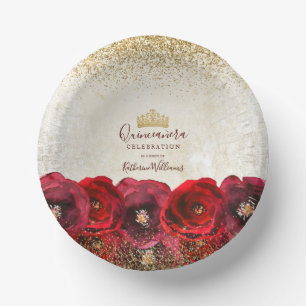 Chic Rote Rose Floral Gold Crown Quinceañera Pappteller
