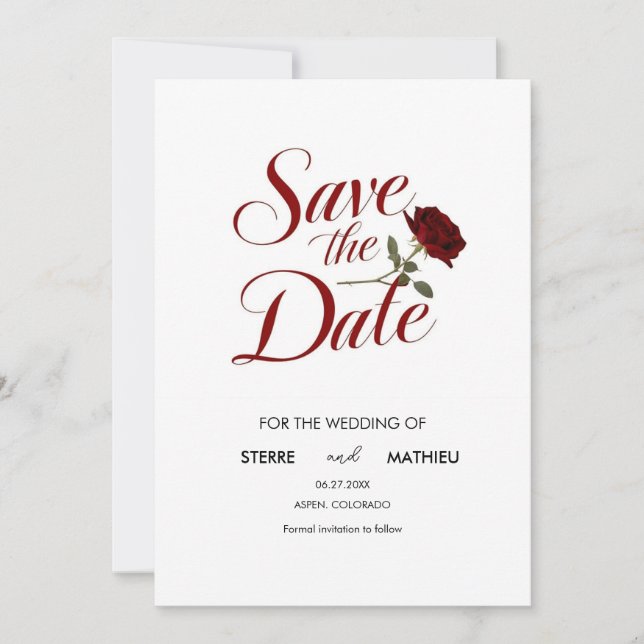 Chic Rote Rose Wedding Save The Date (Vorderseite)