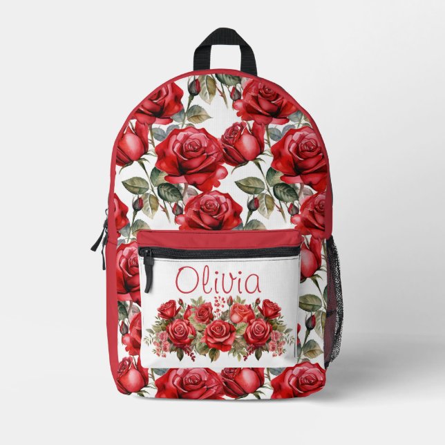 Chic Rote Rosen Bedruckter Rucksack (Vorderseite)