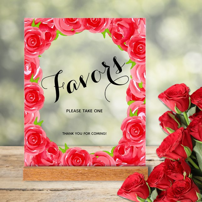 Chic Rote Rosen Brautparty Favoriten Acrylschild (Red roses bridal shower favors tabletop acrylic sign)
