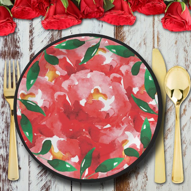Chic Rote Rosen Collage Floral Pappteller (Chic red roses collage floral paper plates)