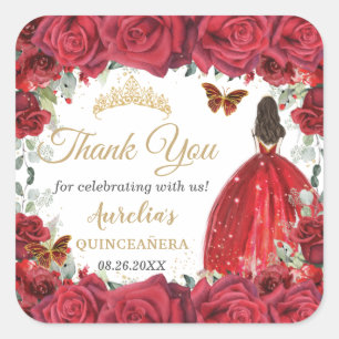 Chic Rote Rosen Floral Butterfliegen Prinzessin Ge Quadratischer Aufkleber