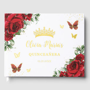 Chic Rote Rosen Floral Butterfliegen Quinceanera G Gästebuch
