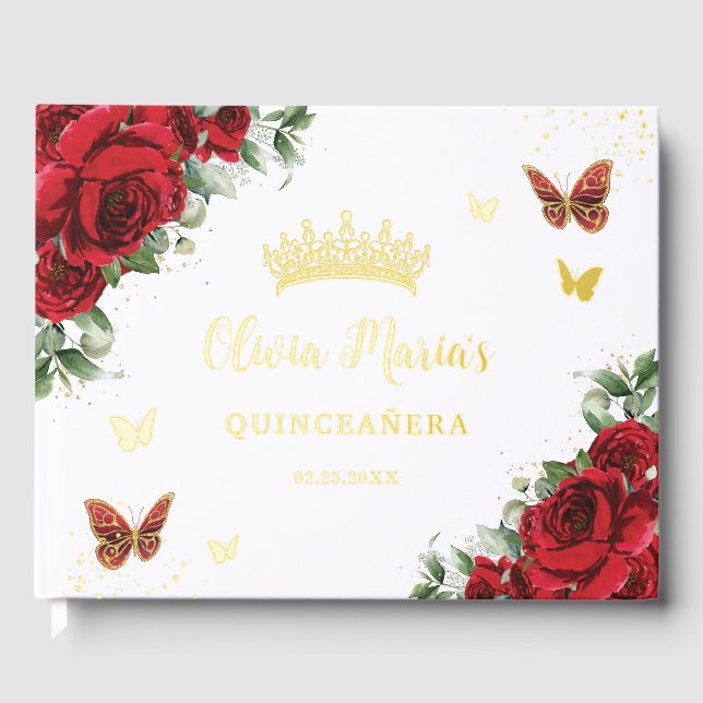 Chic Rote Rosen Floral Butterfliegen Quinceanera G Gästebuch (Vorderseite)