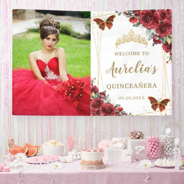 Chic Rote Rosen Floral Quinceañera Willkommen Hint Banner (Party)