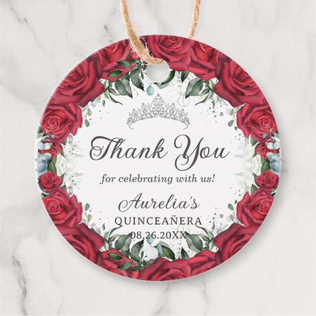 Chic Rote Rosen Floral Wreath Silver Princess Tiar Geschenkanhänger (Vorderseite)