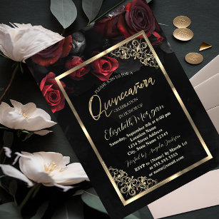 Chic Rote Rosen Gold Frame Black Quinceñera Einladung