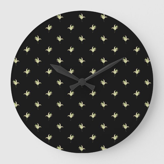 Chic Round Wall Clock: Lilies of the Valley, Black Große Wanduhr (Vorderseite)