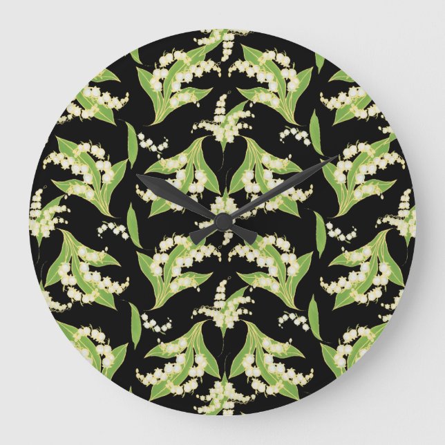Chic Round Wall Clock: Lilies of the Valley, Black Große Wanduhr (Vorderseite)