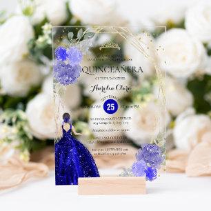 Chic Royal Blue Floral Geometric Quinceañera Acryleinladungen