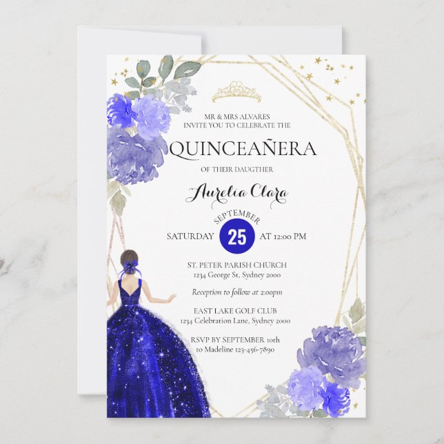 Chic Royal Blue Floral Geometric Quinceañera Einladung (Vorderseite)
