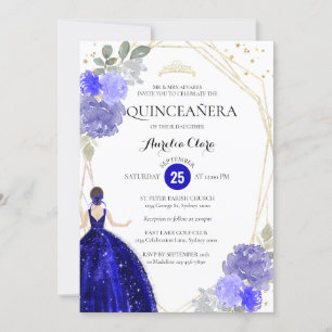 Chic Royal Blue Floral Geometric Quinceañera Einladung
