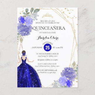 Chic Royal Blue Floral Geometric Quinceñera Invit Postkarte