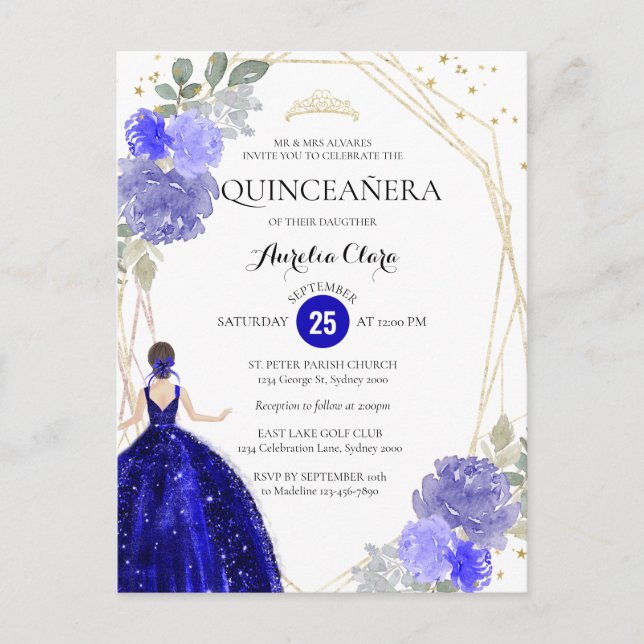 Chic Royal Blue Floral Geometric Quinceñera Invit Postkarte (Vorderseite)