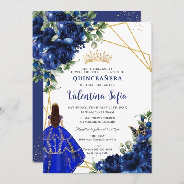 Chic Royal Blue Floral Princess Gold Quinceañera Einladung (Vorne/Hinten)