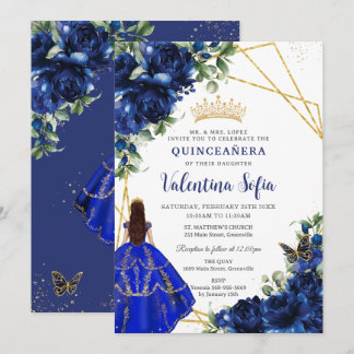 Chic Royal Blue Floral Princess Gold Quinceañera Einladung