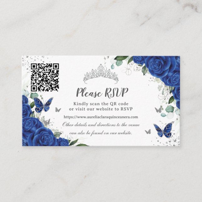 Chic Royal Blue Floral Silver Quinceañera QR Code Begleitkarte (Vorderseite)