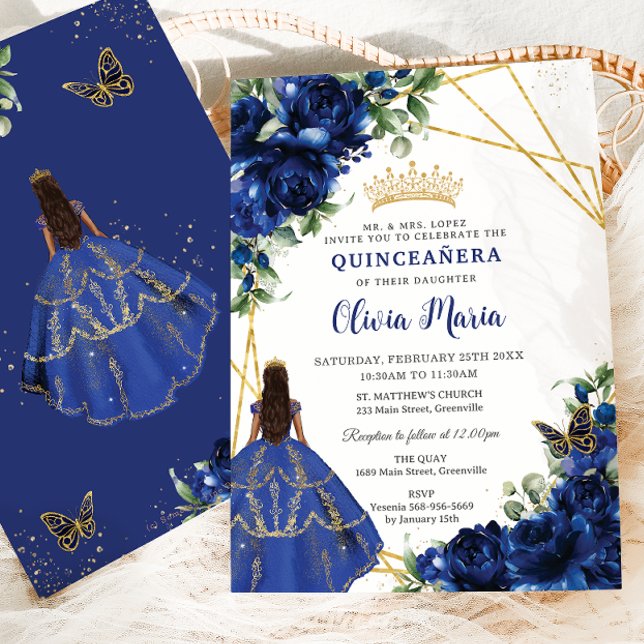 Chic Royal Blue Flowers Brown Princess Quinceañera Einladung (Von Creator hochgeladen)
