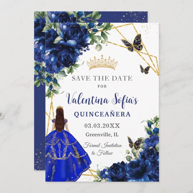 Chic Royal Blue Flowers Princess Gold Quinceañera Save The Date (Vorne/Hinten)