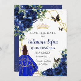 Chic Royal Blue Flowers Princess Gold Quinceañera Save The Date