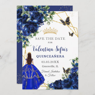 Chic Royal Blue Flowers Princess Gold Quinceañera Save The Date