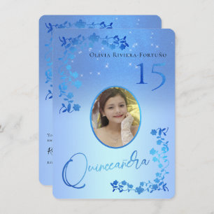 Chic Royal Blue Glitzer Floral Foto Quinceanera Einladung