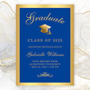 Chic Royal Blue Gold Frame Script Abschluss Ankündigung